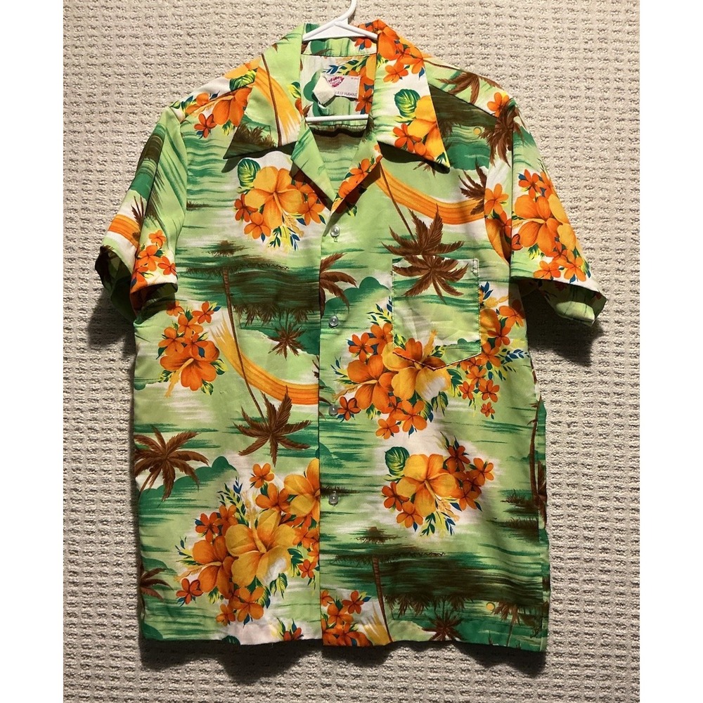 Pomare Honolulu Hawaii VINTAGE Short Sleeve Shirt L LIME GREEN PALM TREES 60's